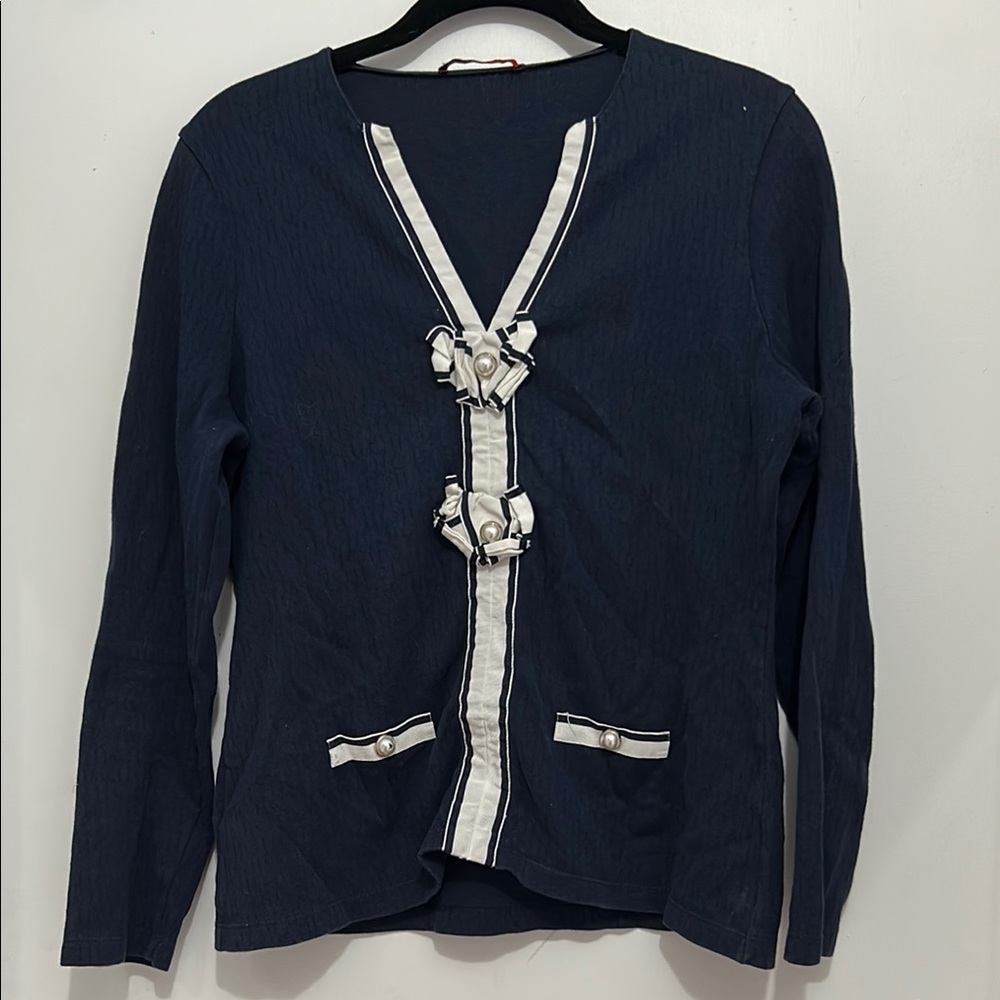 Navy Cardigan with White Trim and Bow Accents